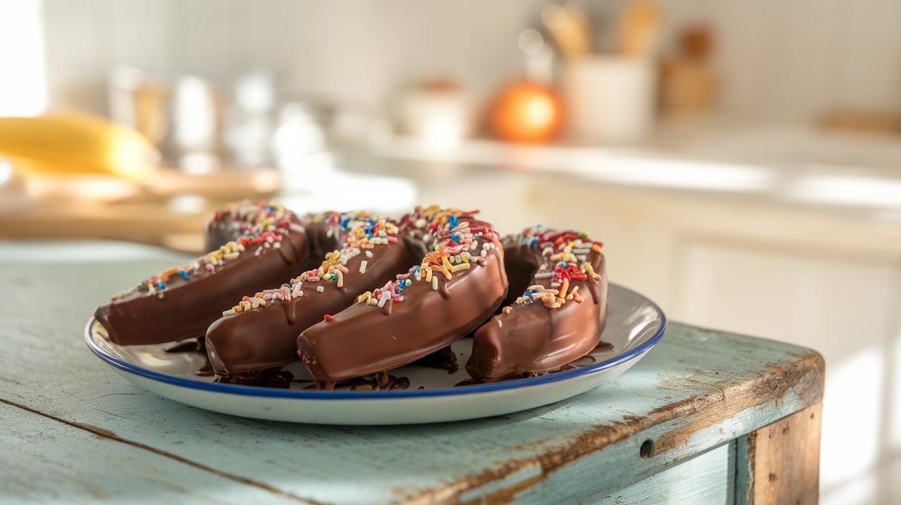 Chocolate covered frozen banana slices on a plate, garnished with sprinkles.