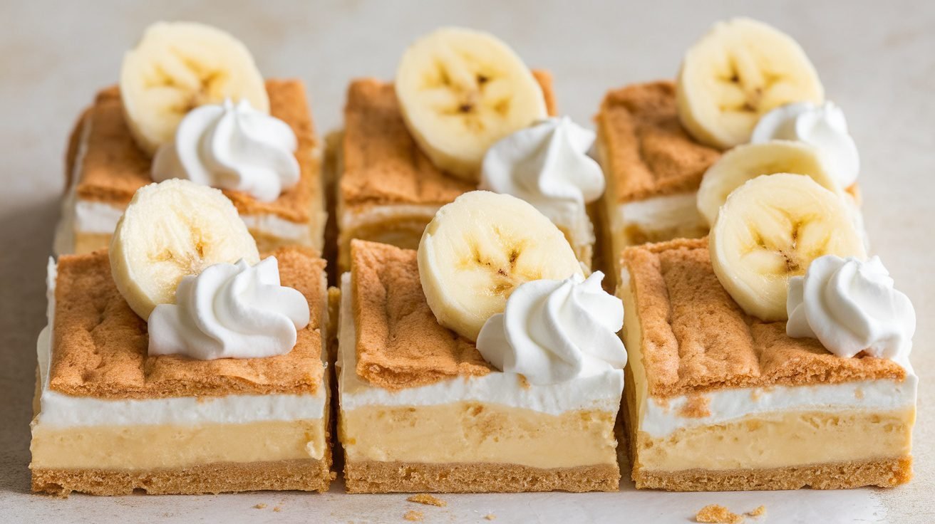 Banana Cream Icebox Bars with banana slices and whipped cream on a rustic table.