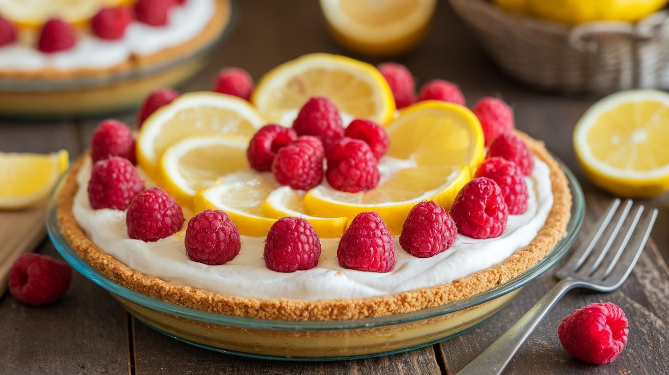 A refreshing Lemon Raspberry Freezer Pie with a graham cracker crust, topped with raspberries and lemon slices, on a wooden table.