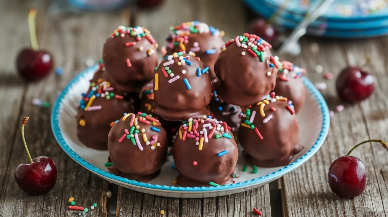 Chocolate cherry ice cream bites coated in dark chocolate with sprinkles on a rustic plate.