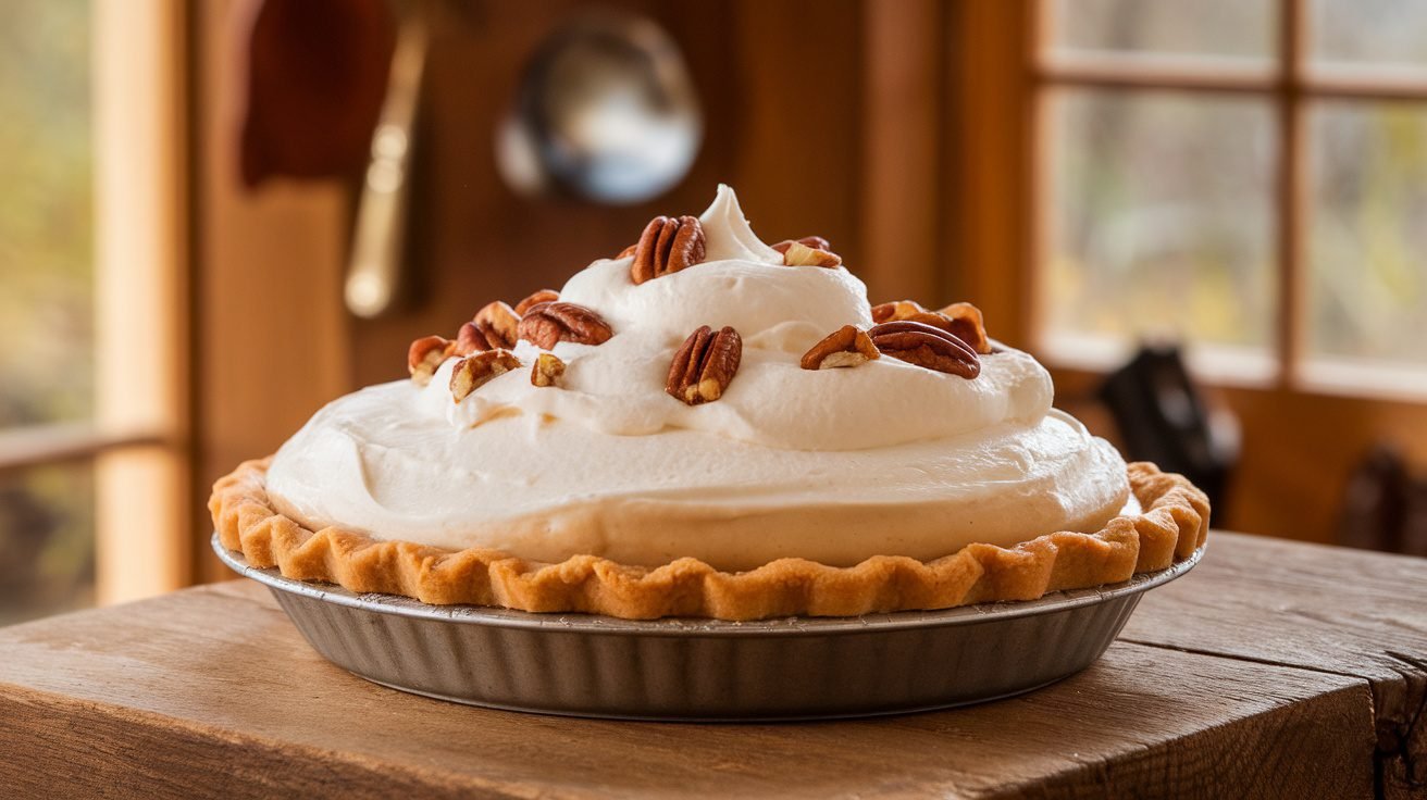 Maple Cream Pie with whipped cream and pecans on a wooden table.
