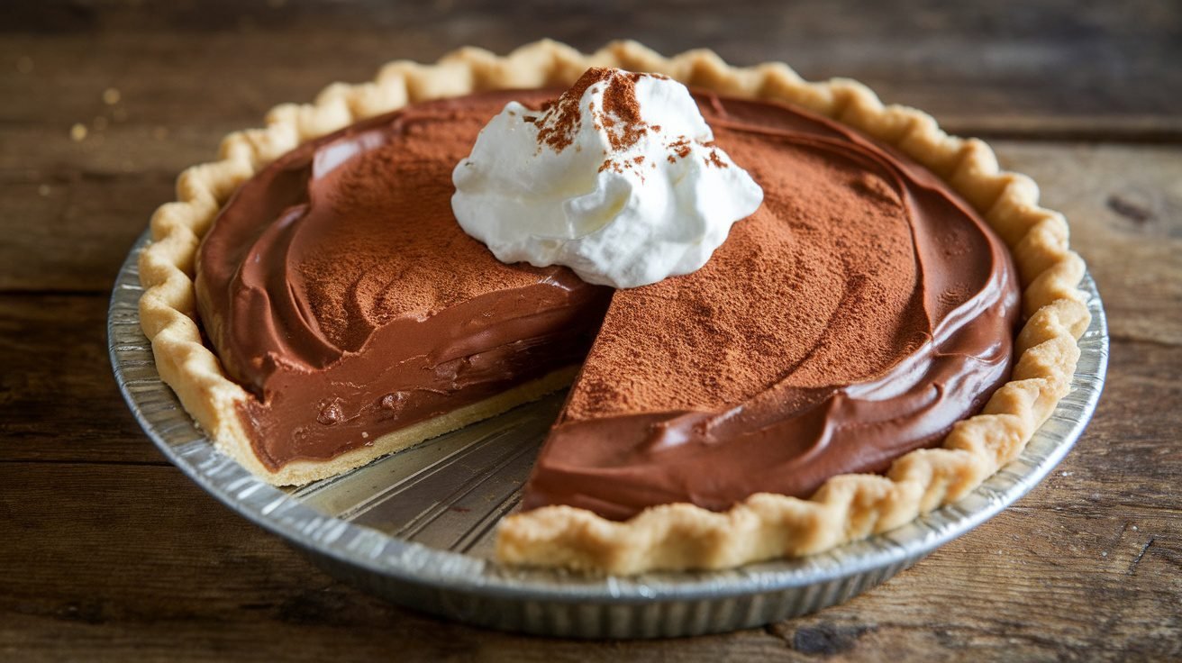 A rich chocolate chess pie with a glossy filling and flaky crust, garnished with whipped cream on a wooden table.