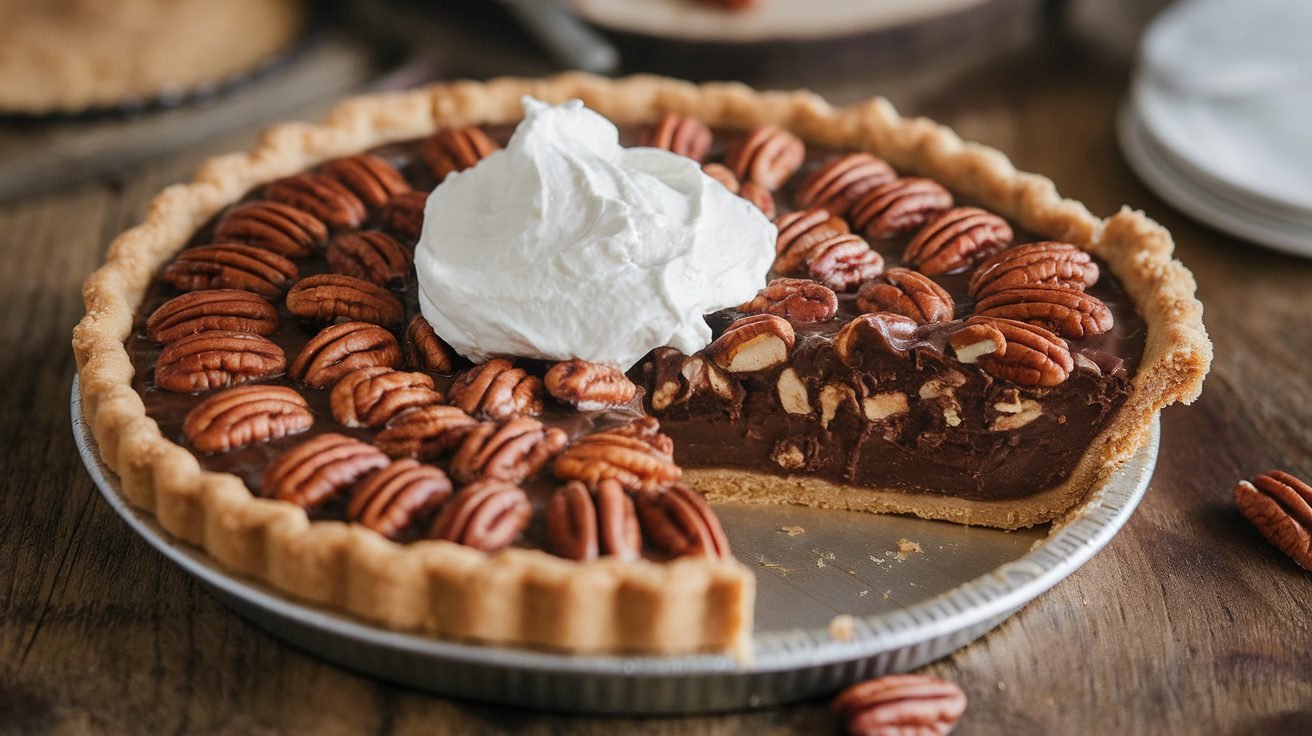 A decadent Bourbon Chocolate Pecan Pie with a golden crust and chocolate filling, garnished with whipped cream.