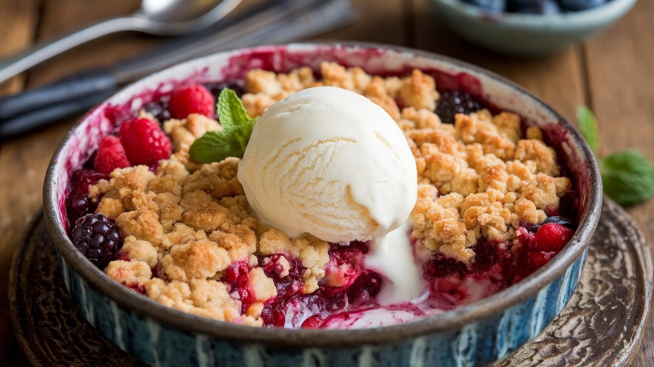 A warm mixed berry crumble with ice cream, served in a rustic dish, surrounded by fresh berries on a wooden table.