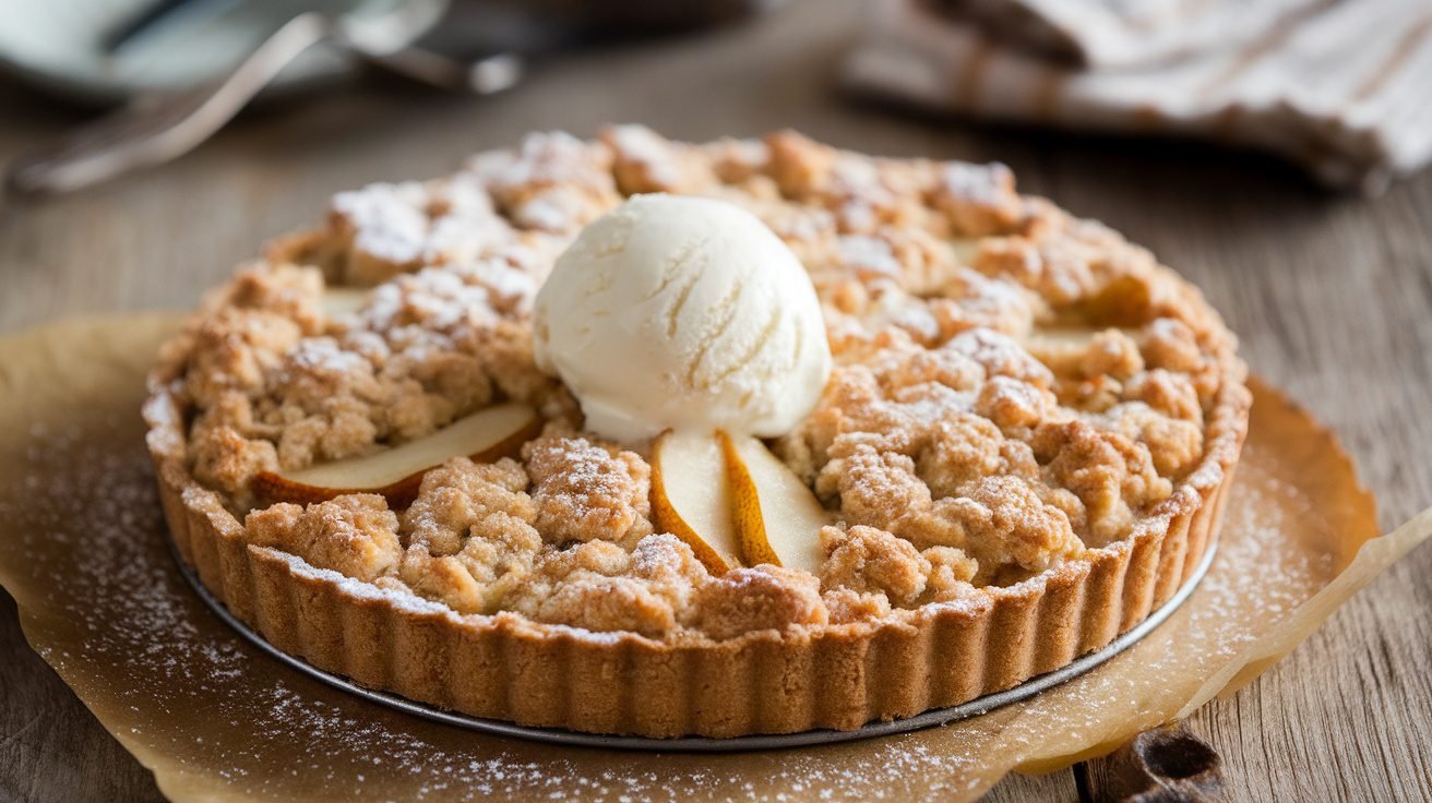 A pear crumble tart with a golden crumble topping and pear slices, served with vanilla ice cream on a wooden table.