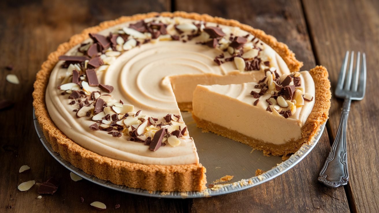 A decadent almond butter pie with graham cracker crust, topped with chocolate shavings and almonds, on a wooden table.