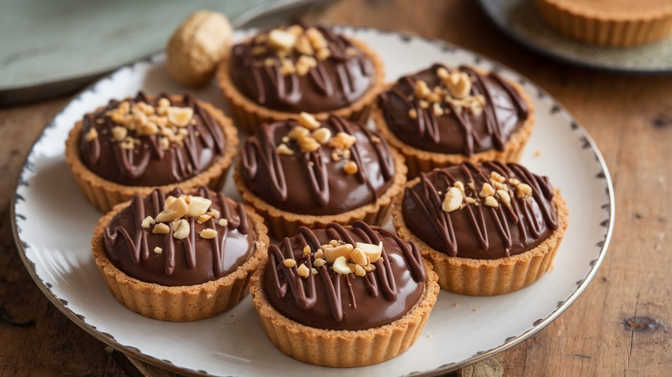 Plate of peanut butter chocolate tartlets with chocolate ganache and crushed peanuts on a wooden table.