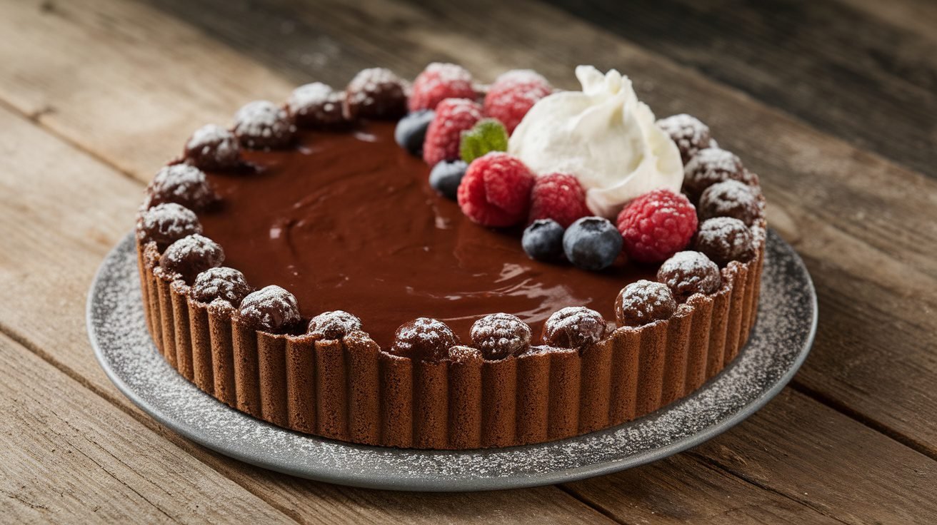 Decadent fudge brownie tart with a glossy chocolate surface, dusted with powdered sugar, served with whipped cream and berries.