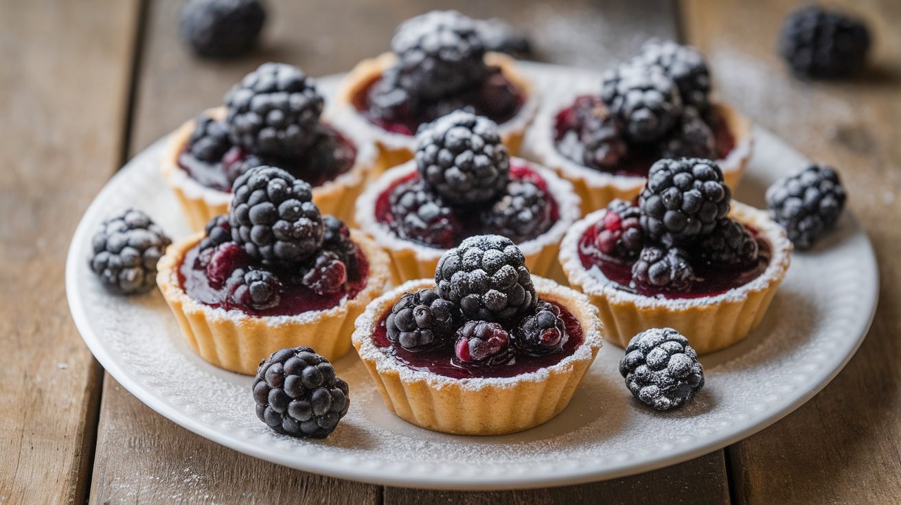 Lemon blackberry tartlets on a plate, garnished with powdered sugar and fresh blackberries.
