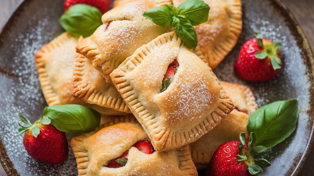 Golden strawberry basil hand pies on a rustic plate, garnished with strawberries and basil.