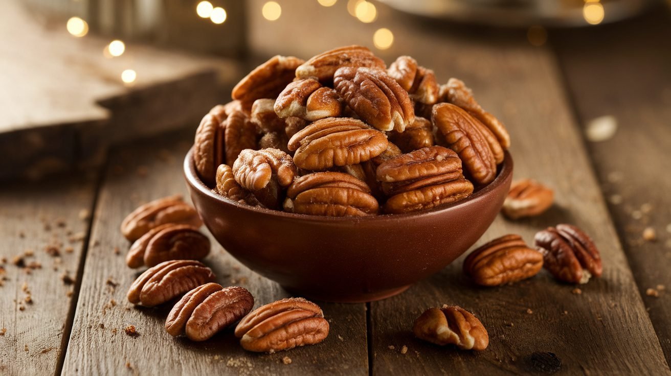 A bowl of cinnamon sugar pecans on a wooden table, showcasing their golden brown color and sweet coating.