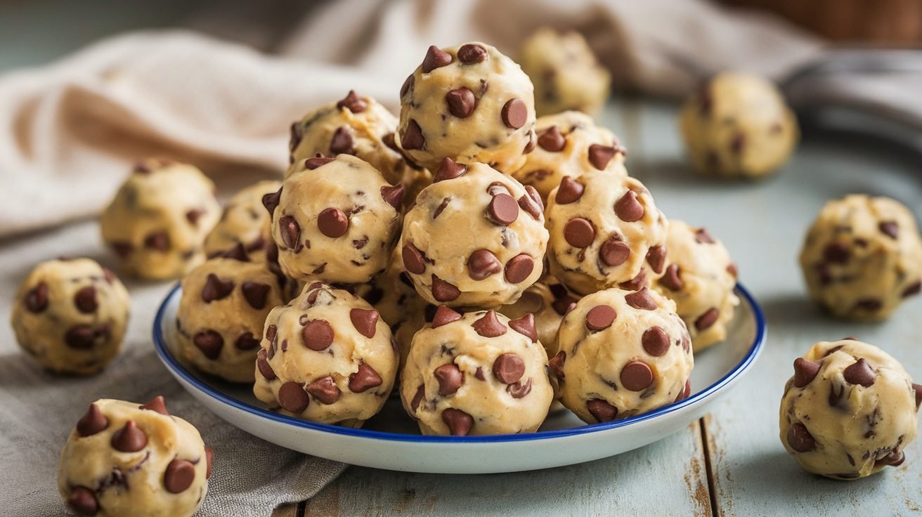 A plate of no bake cookie dough balls with chocolate chips on a rustic wooden table.