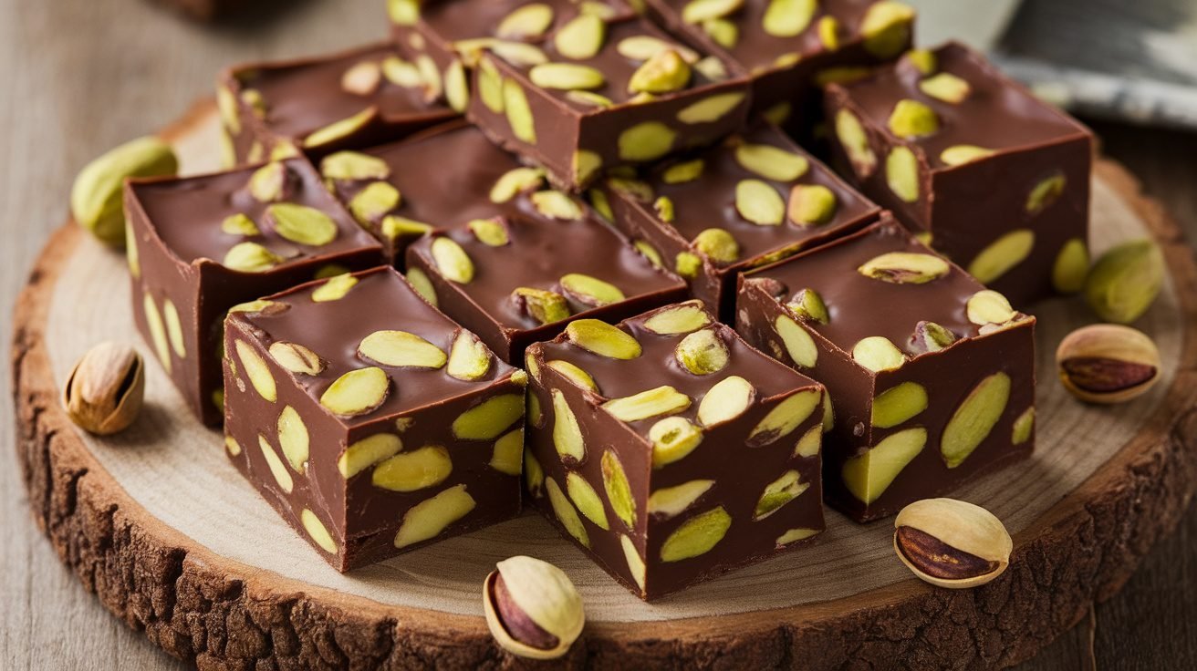 Chocolate pistachio fudge squares on a wooden platter with whole pistachios.