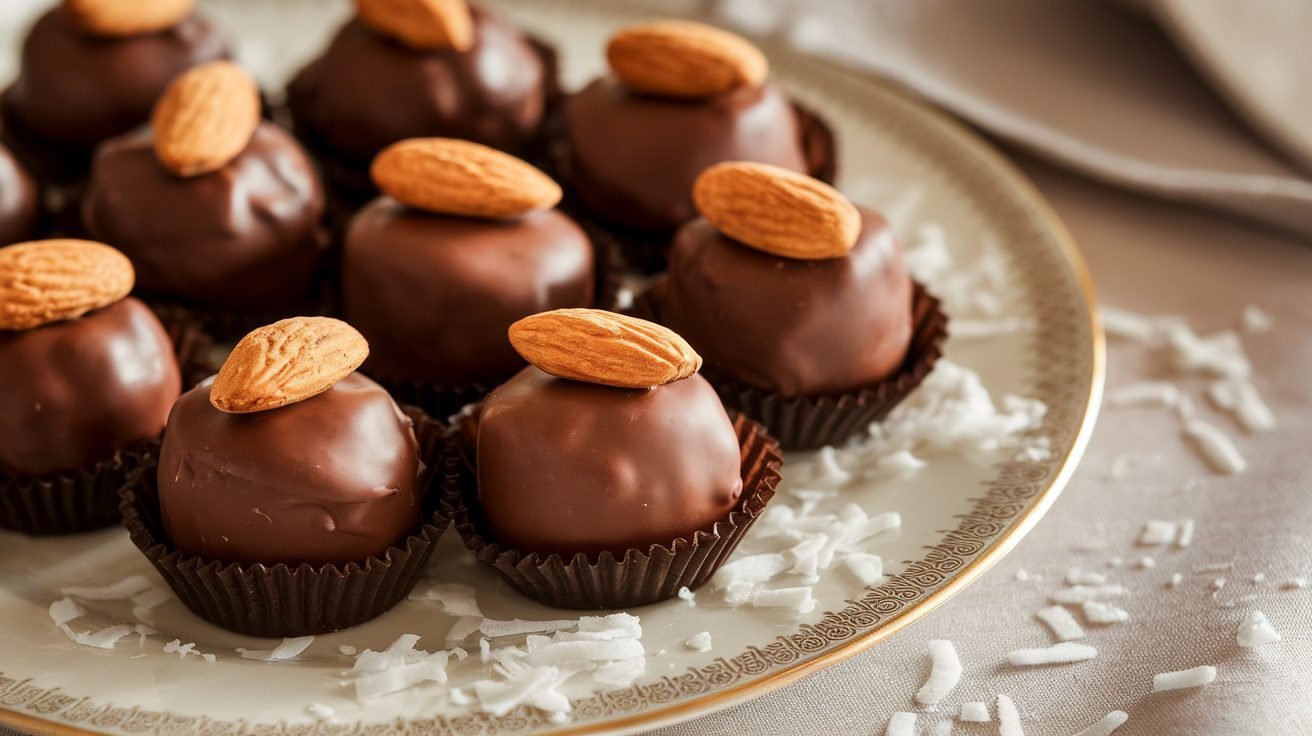 Almond Joy Truffles coated in chocolate with almonds on top, served on a decorative plate.