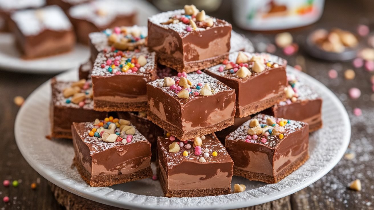 Nutella fudge bites on a plate, garnished with powdered sugar and sprinkles, on a wooden table.