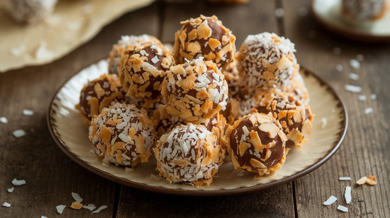 A delicious assortment of toasted coconut truffles on a rustic plate, showcasing their chocolate centers and coconut coating.