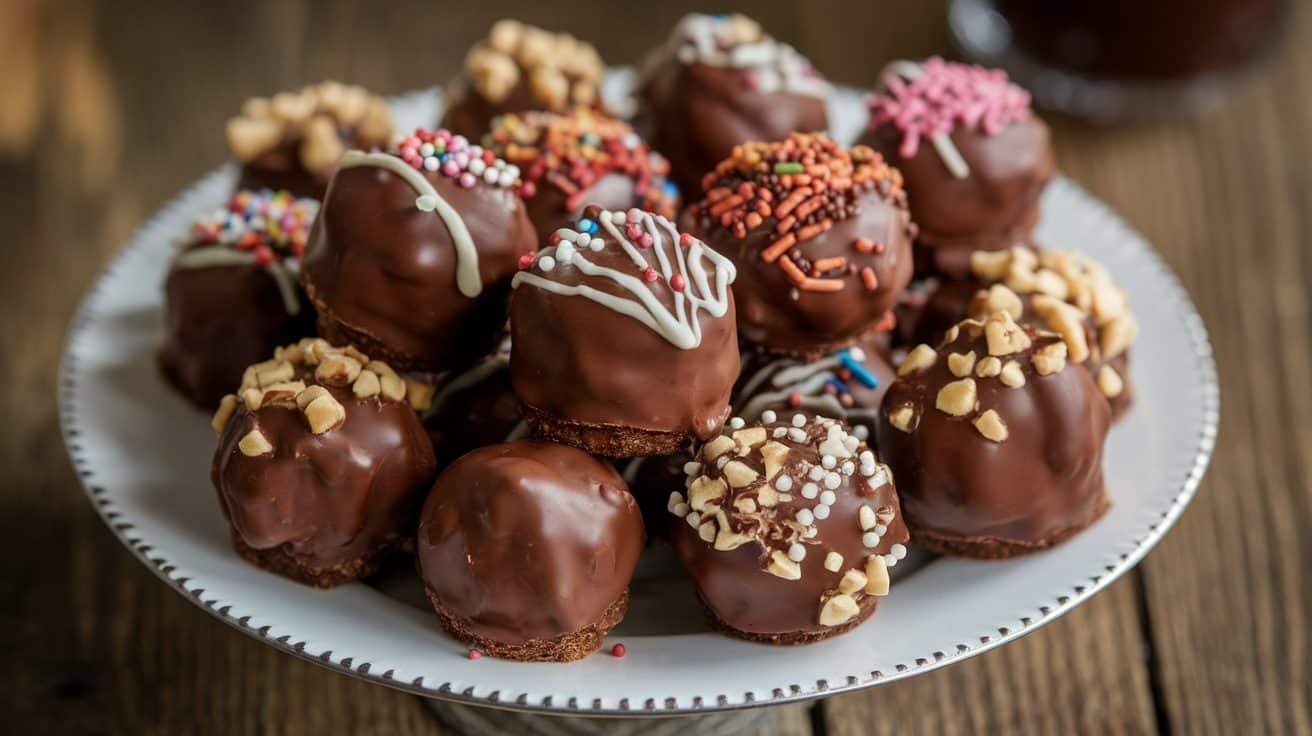 Chocolate covered cheesecake bites on a plate, topped with sprinkles and nuts, on a wooden table.