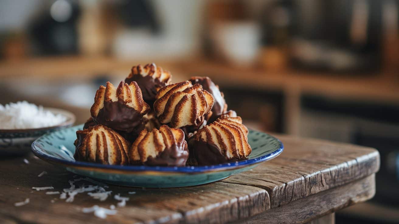 Chocolate coconut macaroons on a plate with chocolate drizzle, on a rustic wooden table.