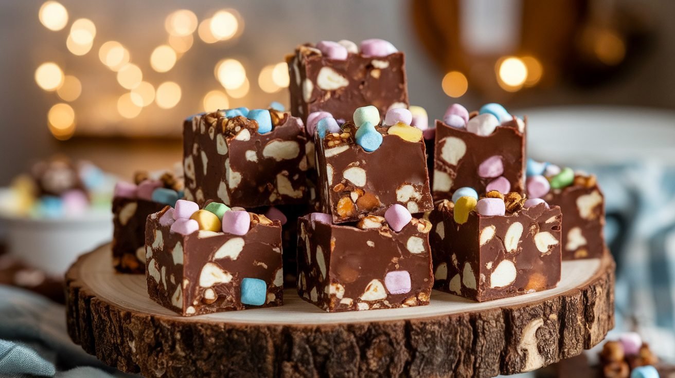 Rocky Road Fudge squares with marshmallows and nuts on a wooden platter.
