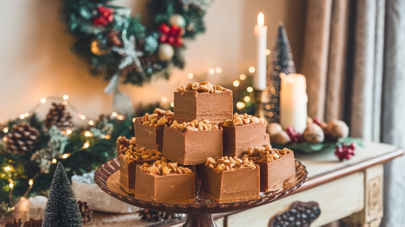 A plate of gingerbread fudge squares topped with cookie crumbs and nuts, set on a festive table.