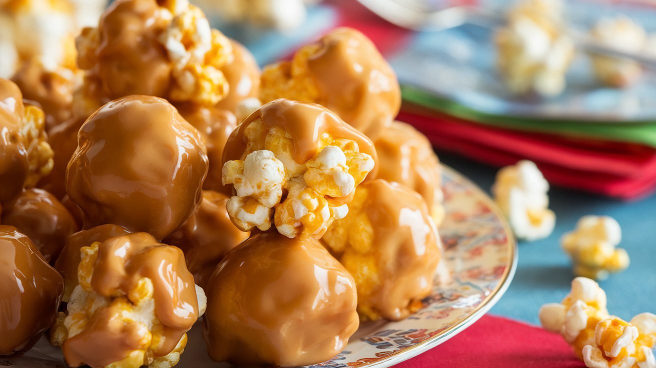 Golden caramel popcorn balls on a decorative plate, with a festive table setting.