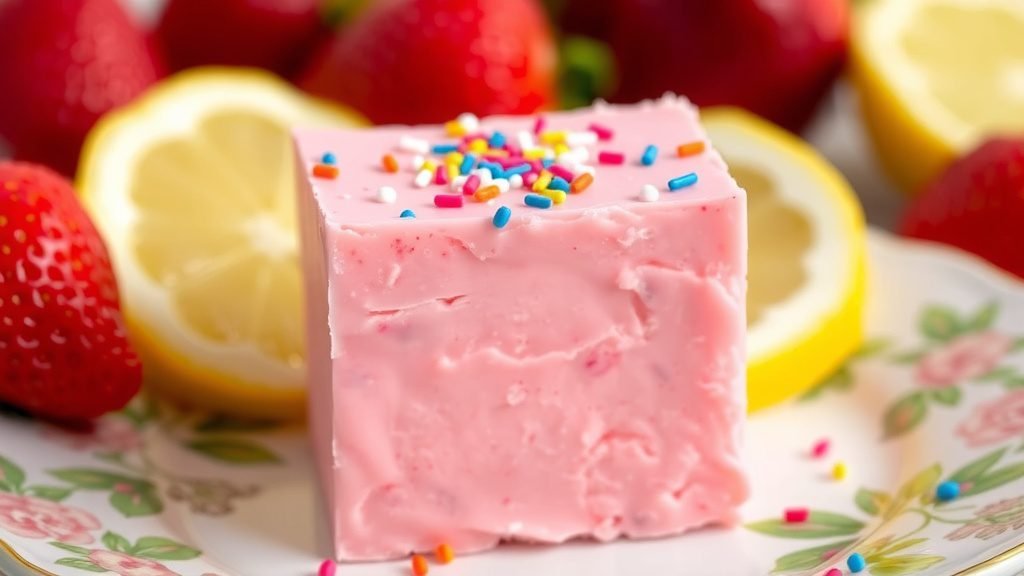 Strawberry lemonade fudge squares with sprinkles on a plate, surrounded by fresh strawberries and lemon slices.
