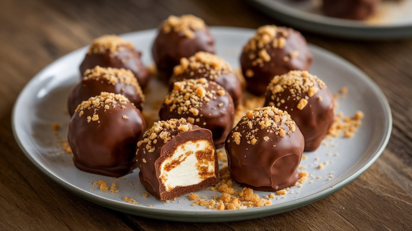 A plate of chocolate-coated toasted marshmallow truffles rolled in graham cracker crumbs.