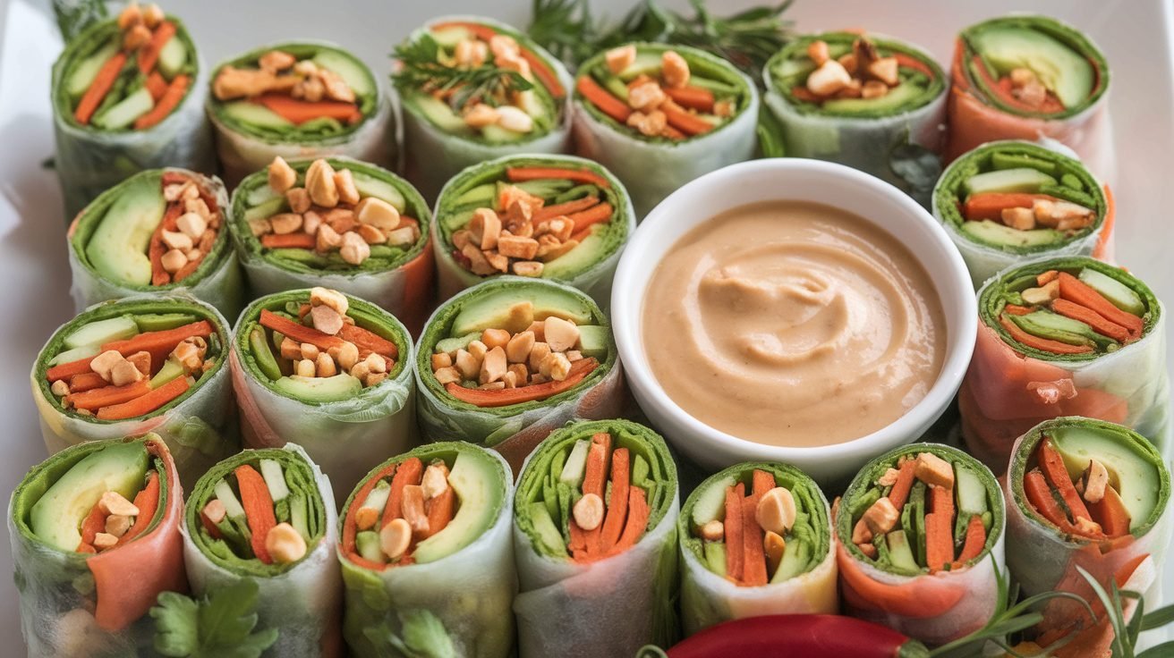 Colorful veggie spring rolls filled with fresh vegetables, served with peanut sauce on a platter.