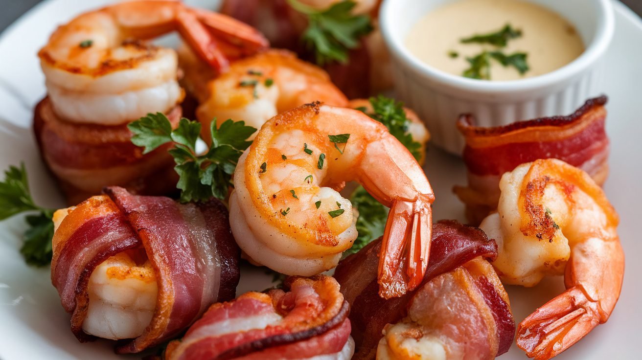 A delicious plate of bacon-wrapped shrimp, garnished with parsley and served with dipping sauce.
