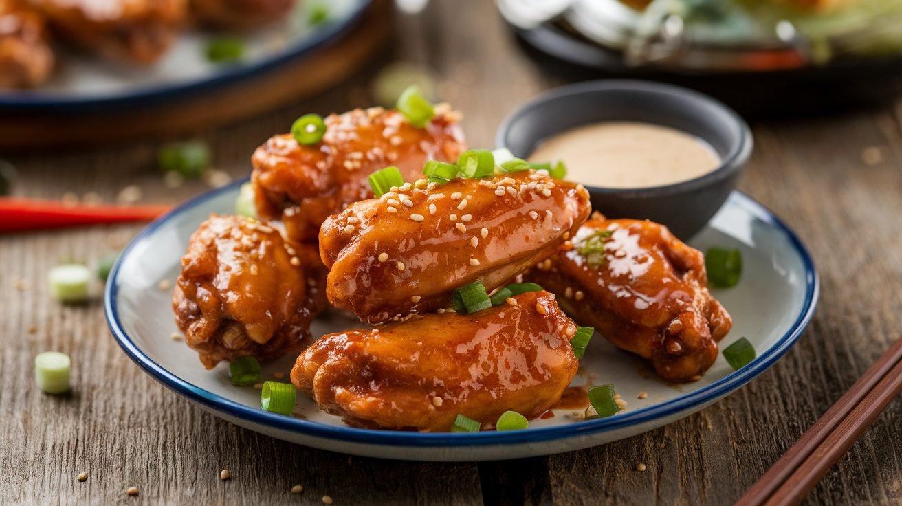 Golden honey garlic chicken wings garnished with sesame seeds and green onions on a wooden table.