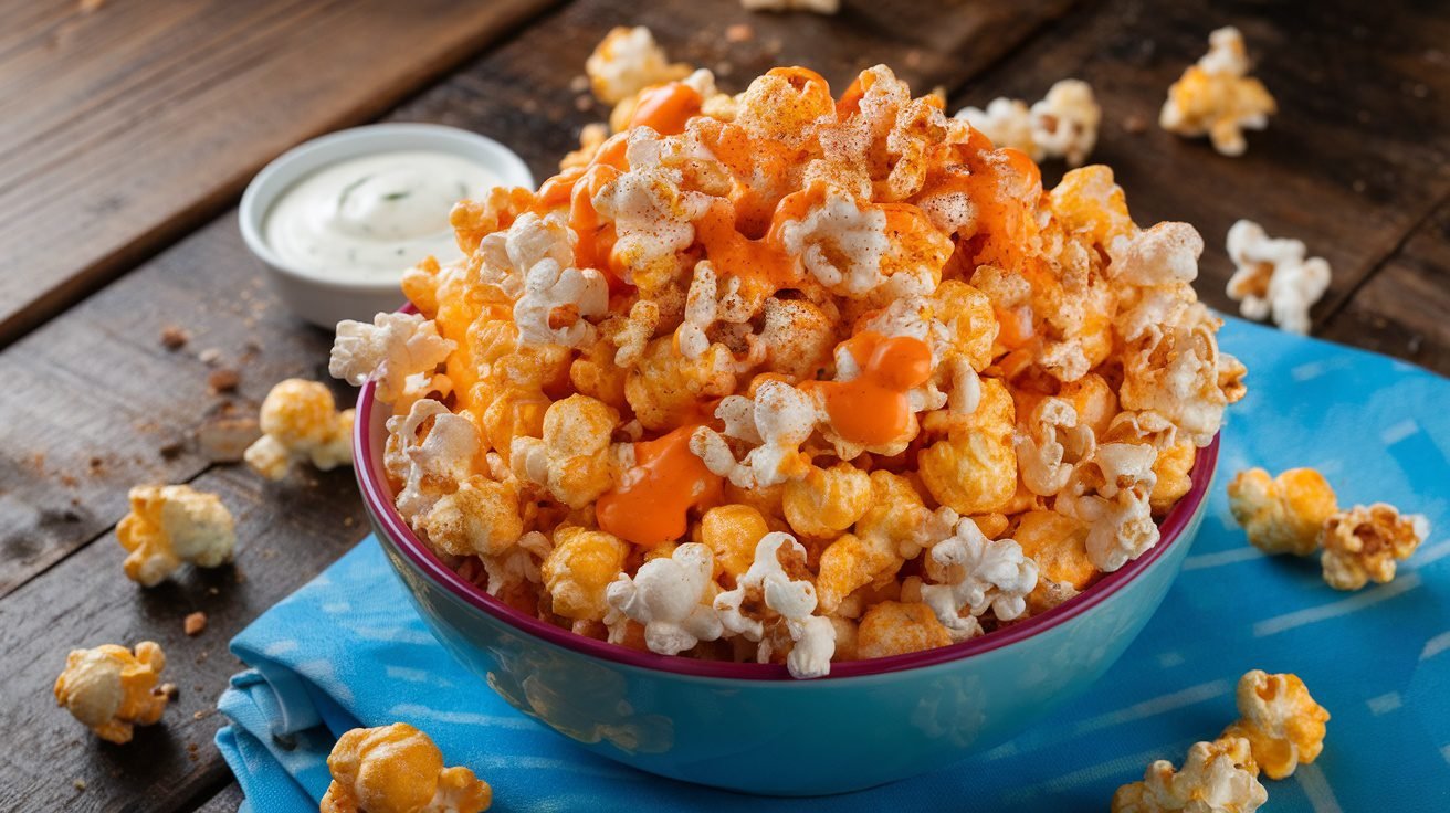 A colorful bowl of Buffalo Ranch Popcorn with ranch seasoning, on a wooden table with ranch dressing.