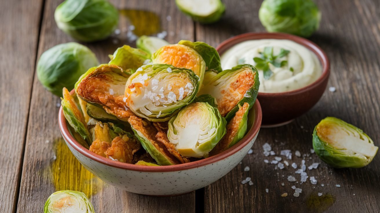 Crispy Brussels sprouts chips in a bowl with a side of dip on a wooden table.