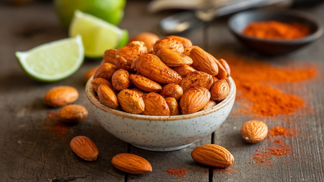 A bowl of spicy chili lime roasted almonds on a wooden table with lime wedges.
