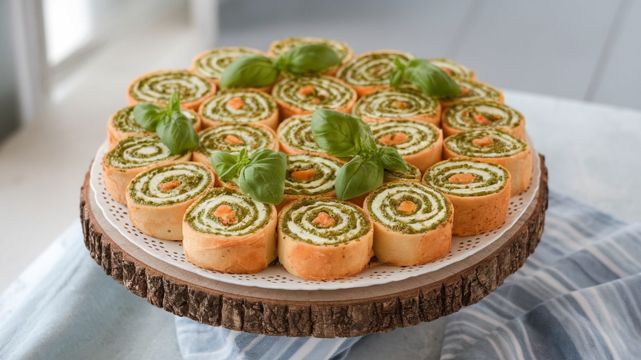 A platter of colorful Pesto Pinwheels made with pesto and cream cheese, garnished with basil.