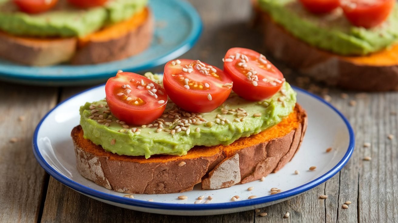 Sweet potato toast topped with avocado and cherry tomatoes on a rustic wooden table.