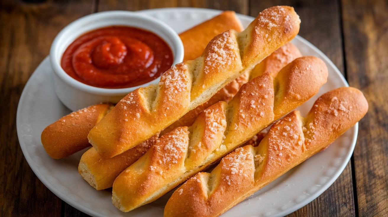 Crispy air fryer breadsticks on a plate with marinara sauce for dipping.