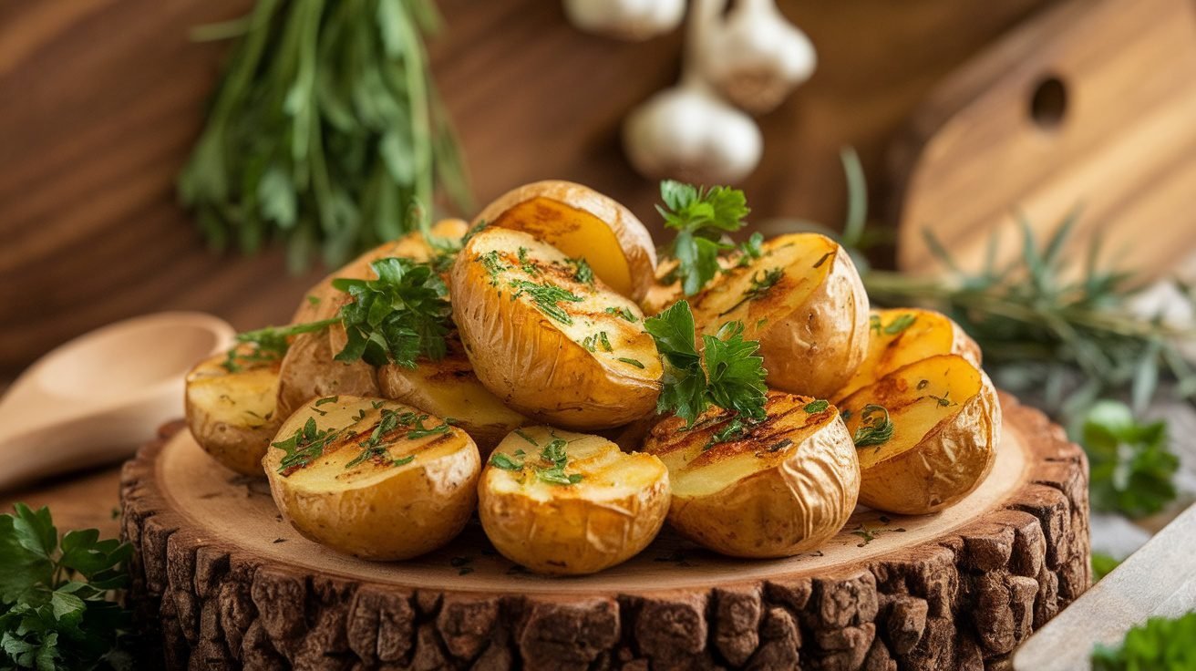 Golden roasted garlic and herb potatoes garnished with parsley on a rustic platter.