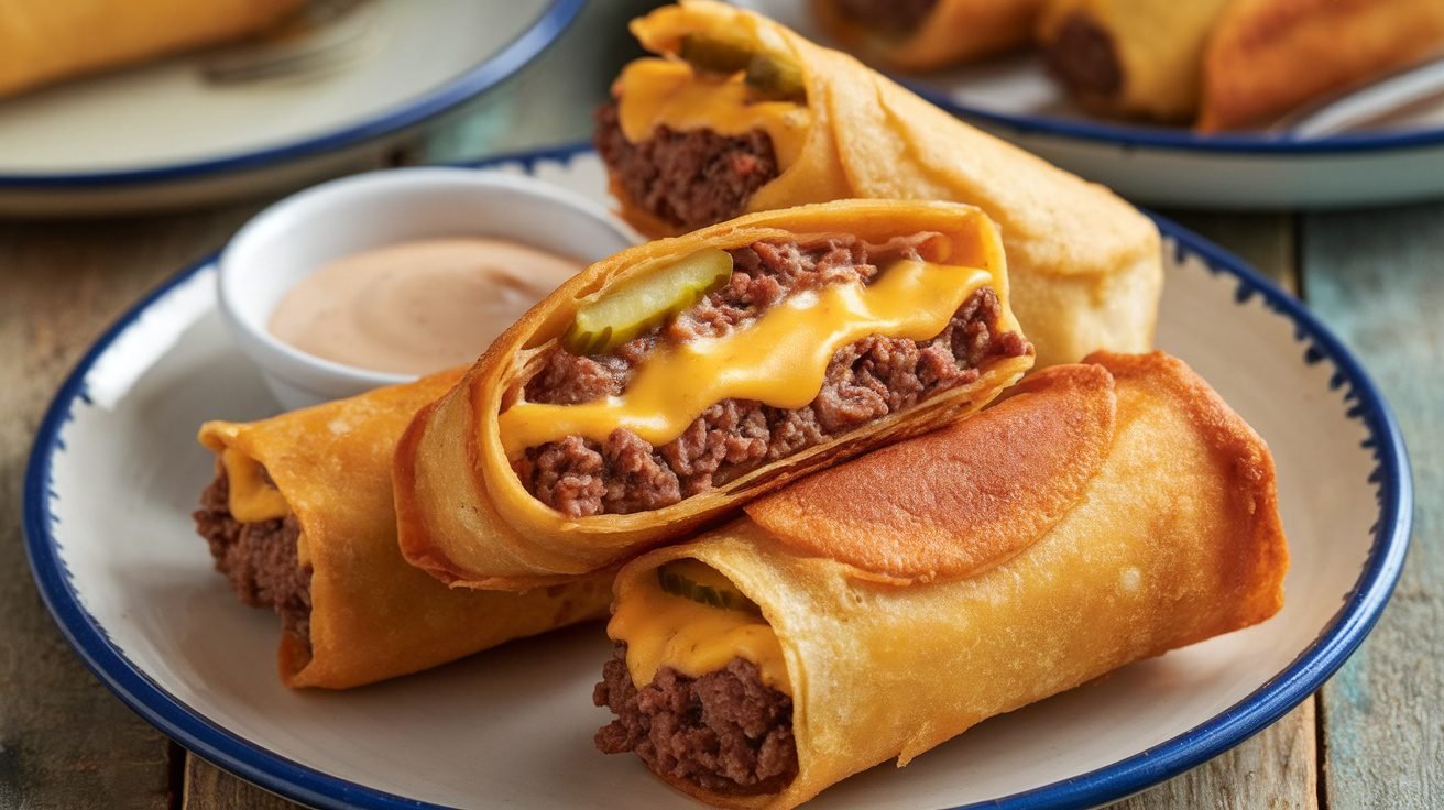 Crispy cheeseburger egg rolls on a plate with dipping sauce, showcasing their golden color and delicious filling.