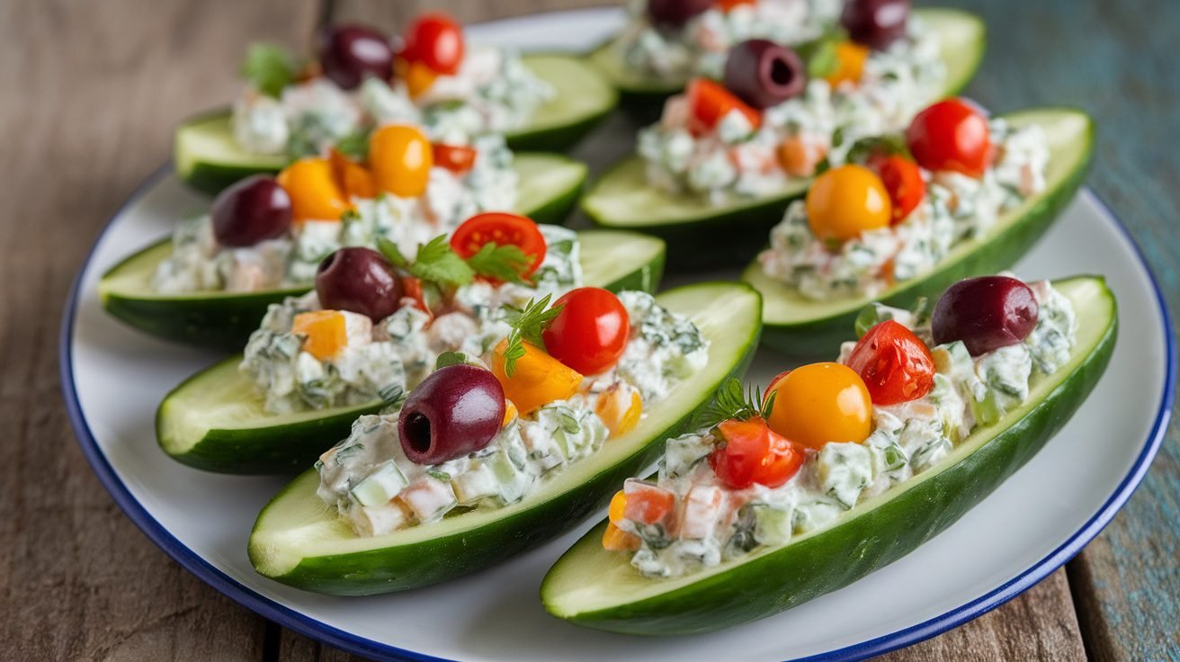 Stuffed cucumber boats filled with cream cheese and vegetables, garnished with cherry tomatoes on a wooden table.