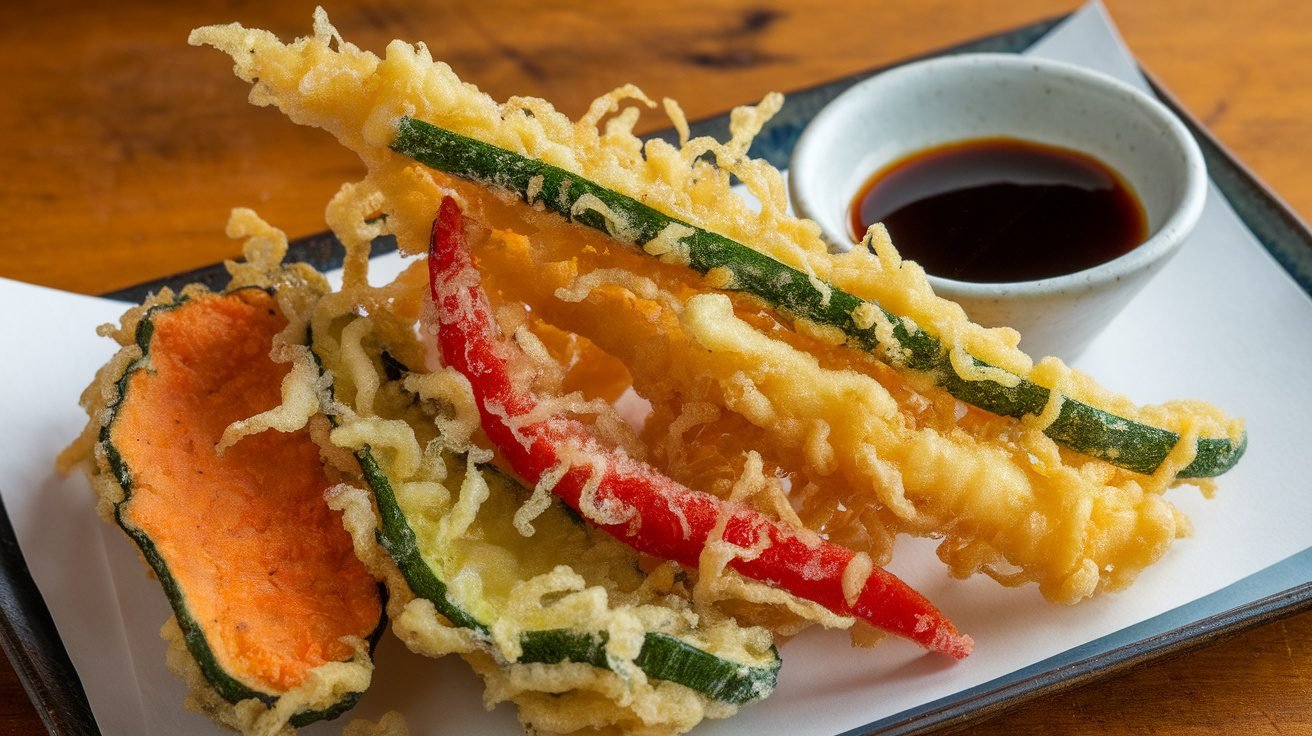 Crispy veggie tempura with assorted vegetables served with soy sauce on a wooden table.
