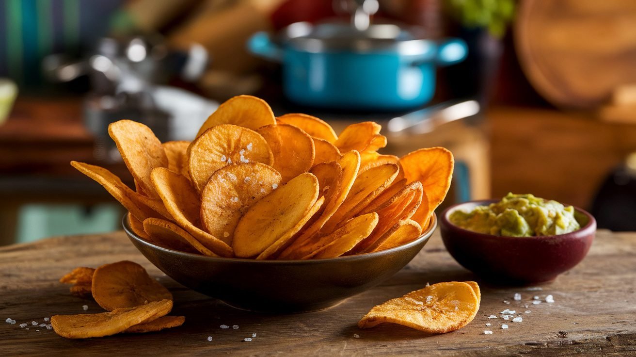 Crispy air fryer plantain chips in a bowl with guacamole on a wooden table.