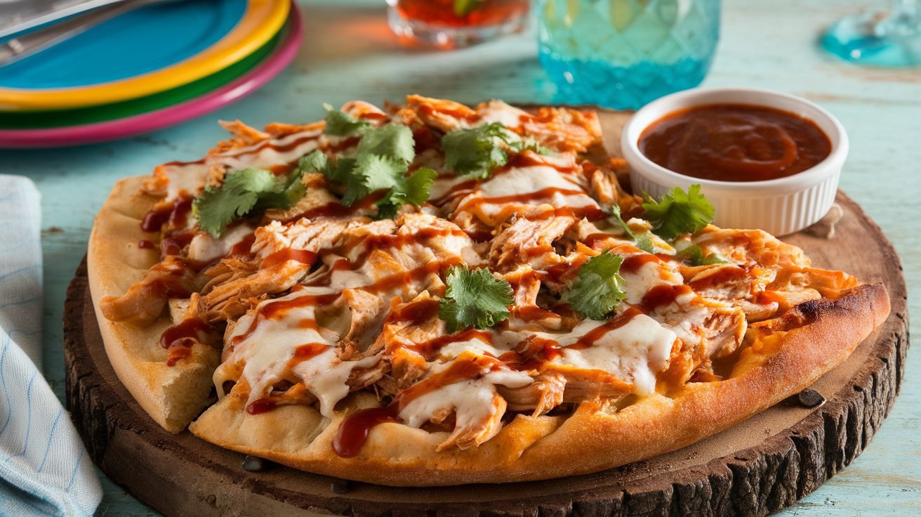BBQ chicken flatbread with cheese and cilantro on a wooden board, served with barbecue sauce.