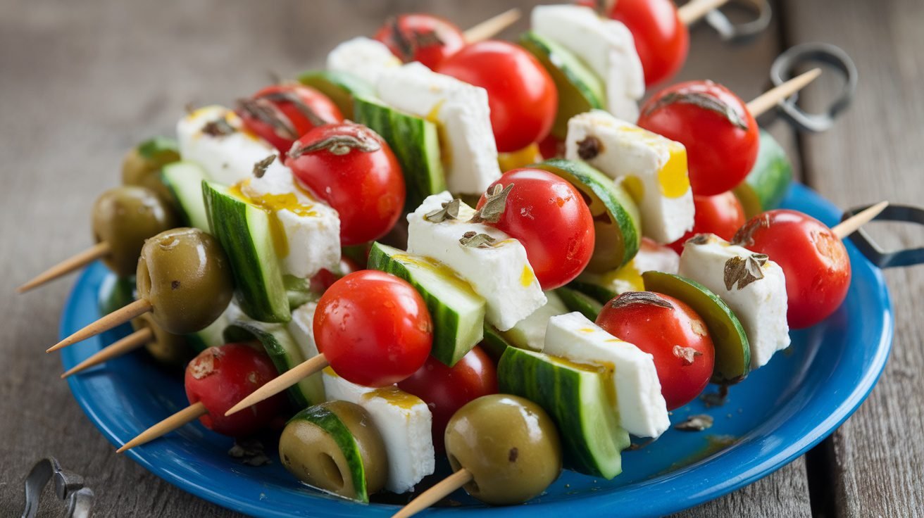 A vibrant platter of Greek Salad Skewers with tomatoes, cucumber, feta, and olives, drizzled with olive oil and oregano.