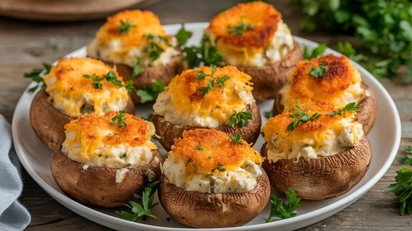A plate of air fryer stuffed mushrooms filled with cheese and herbs, garnished with parsley.