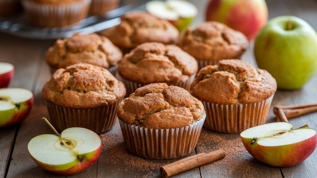 Golden brown apple cinnamon muffins with a sprinkle of cinnamon sugar, placed on a wooden table with diced apples.