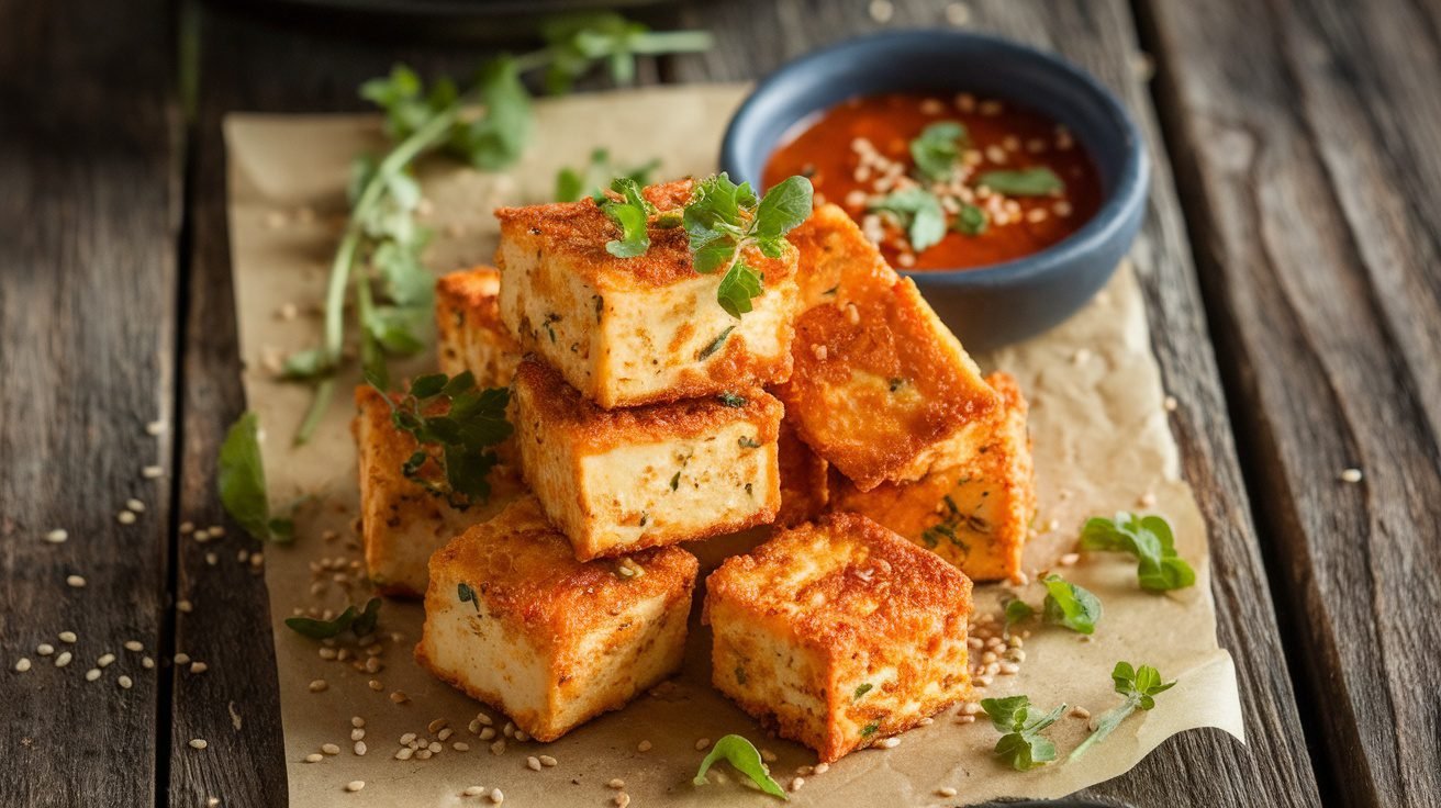 Crispy air fryer tofu bites served with dipping sauce on a rustic table.