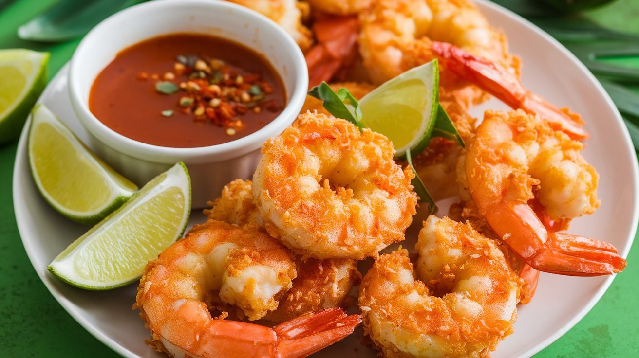 Crispy coconut shrimp on a plate with lime wedges and dipping sauce.