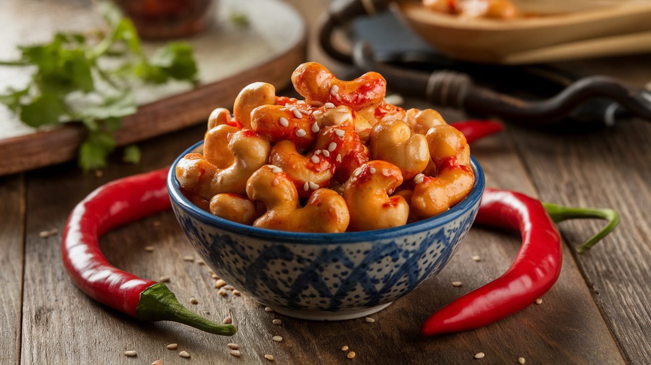 A bowl of spicy Sriracha cashews on a wooden table, garnished with sesame seeds and chili peppers.