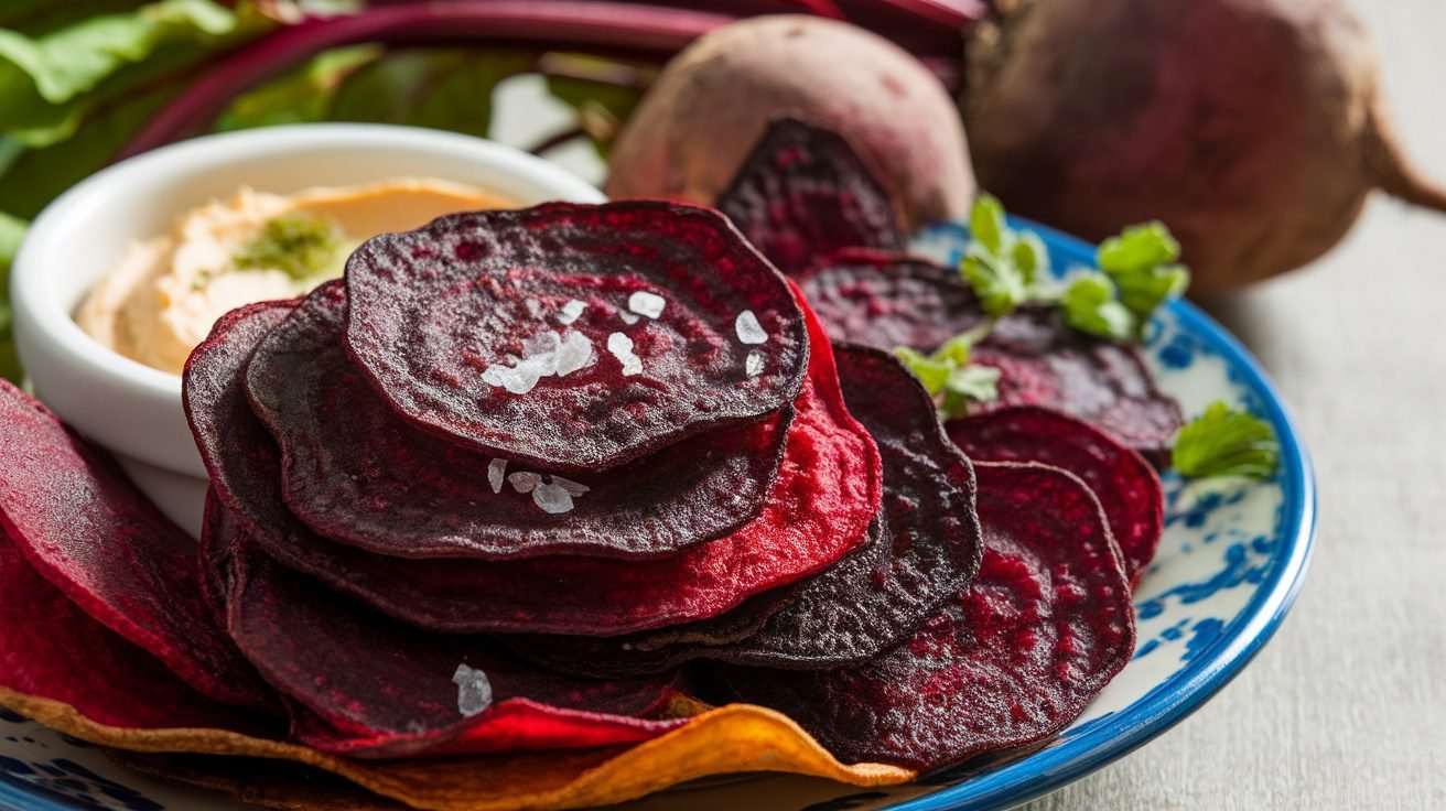 A colorful display of crispy roasted beet chips on a plate with a small bowl of dip.
