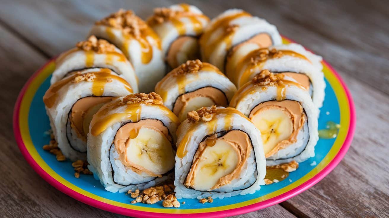 Peanut butter banana sushi rolls sliced and arranged on a plate, garnished with honey and granola.